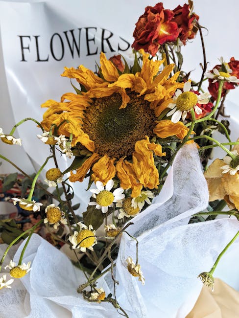 A bouquet featuring a large, dried sunflower with bright yellow, slightly wilted petals and a dark brown center, complemented by small white daisies with yellow centers and wilted red and yellow flowe